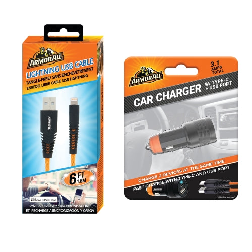Car 6ft Lightning Charging Cable and 3.1 AMP Type-C and USB A Car Charger Port Bundle