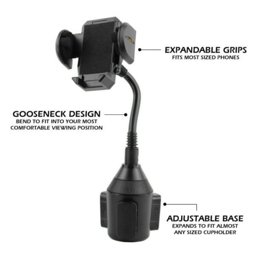 Car Cupholder Phone Mount Adjustable Gooseneck and Car Charger with 2 USB Ports Bundle