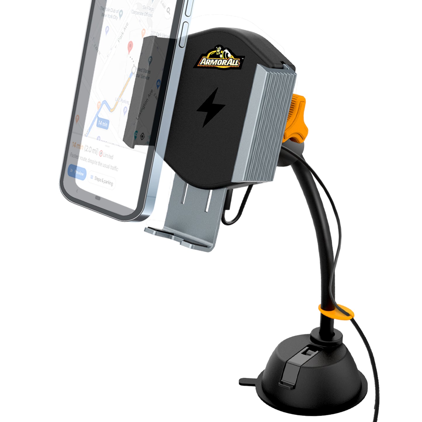 15W Fast Wireless Gooseneck Charging Suction Phone Mount, Turns 360 Degrees