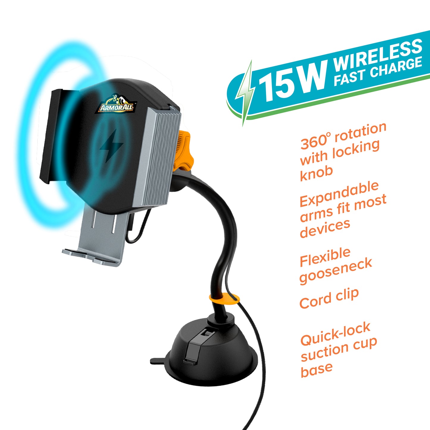 15W Fast Wireless Gooseneck Charging Suction Phone Mount, Turns 360 Degrees