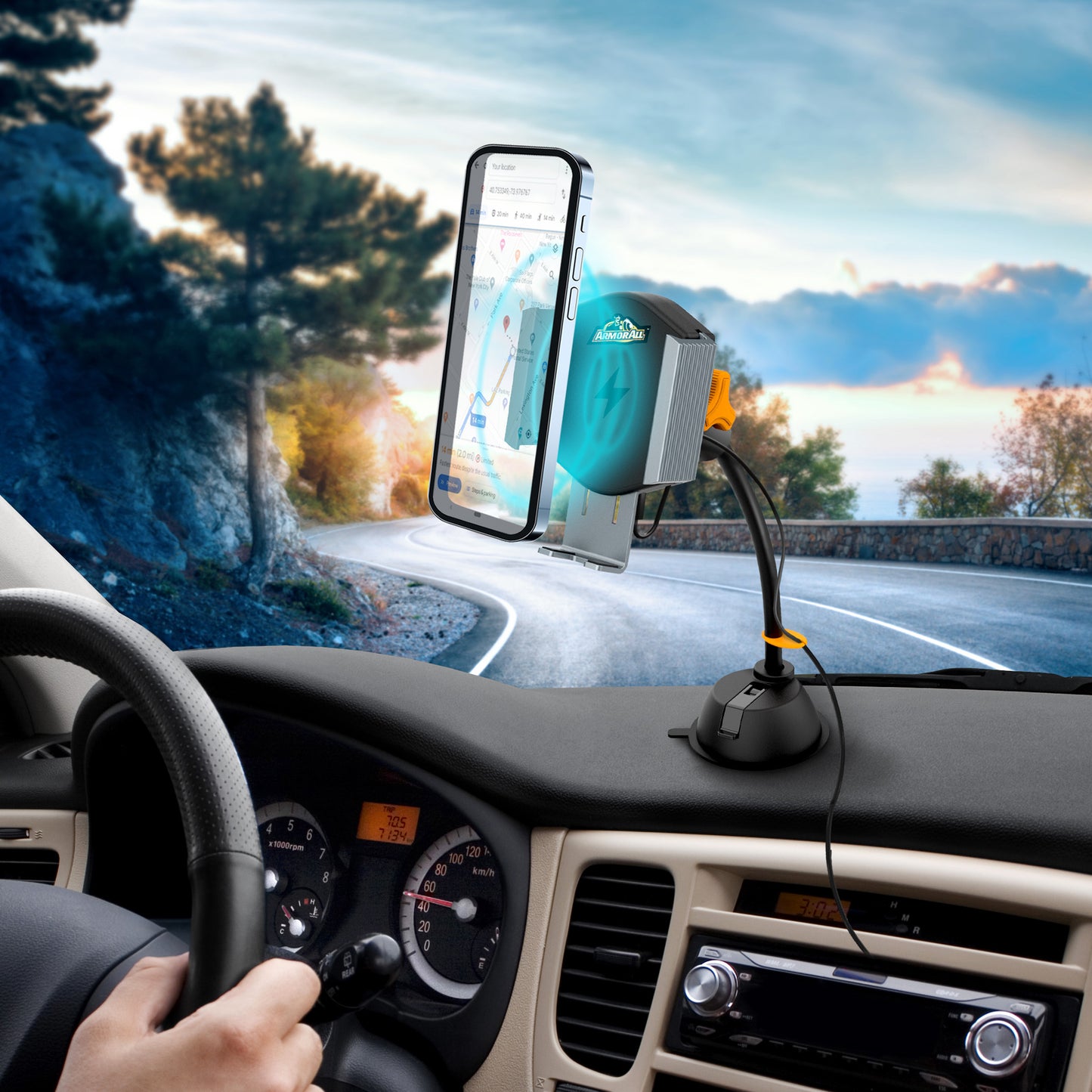 15W Fast Wireless Gooseneck Charging Suction Phone Mount, Turns 360 Degrees