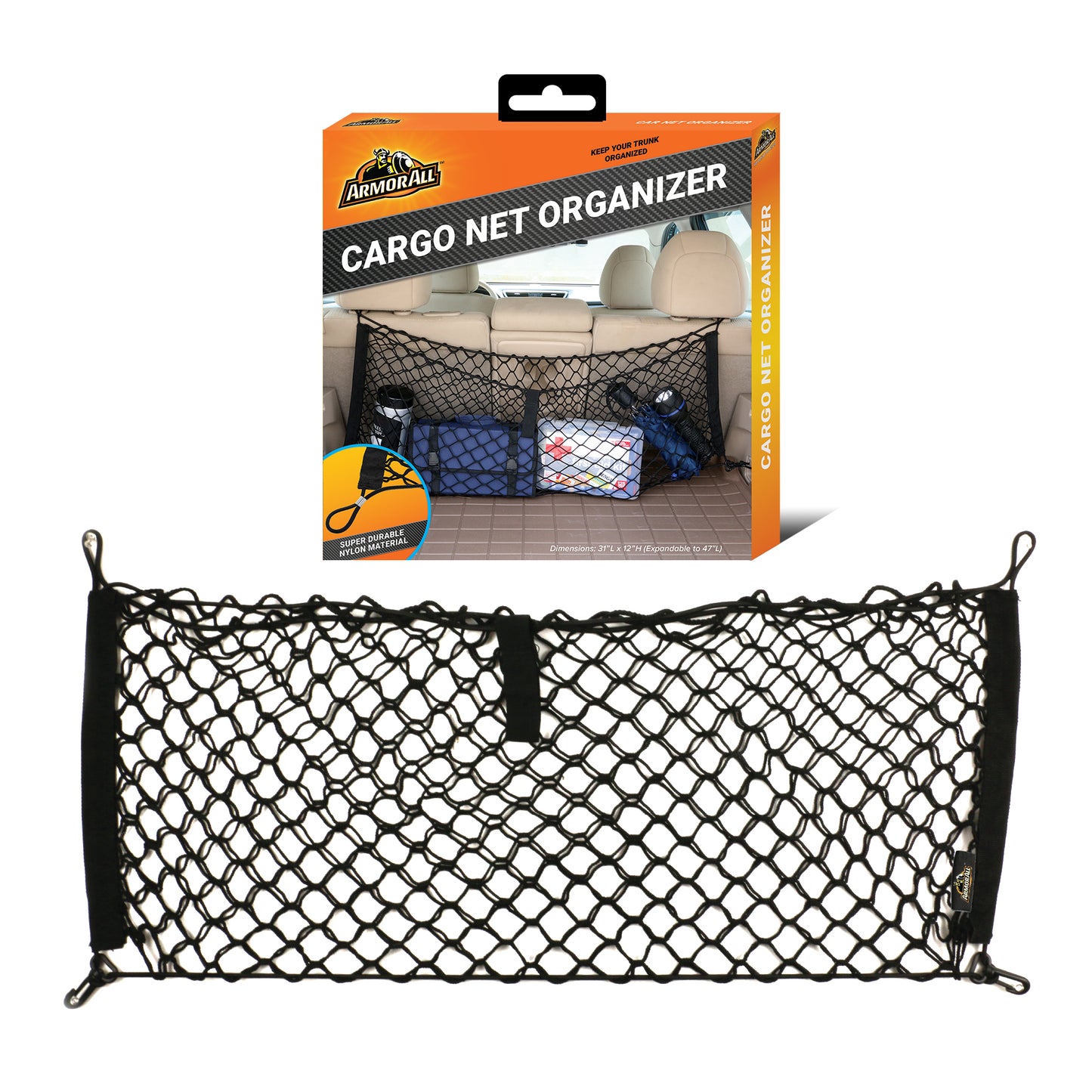 Cargo Net Organizer, 12” x 31” Inch Expandable up to 47” Inches, Super-Durable Nylon Material