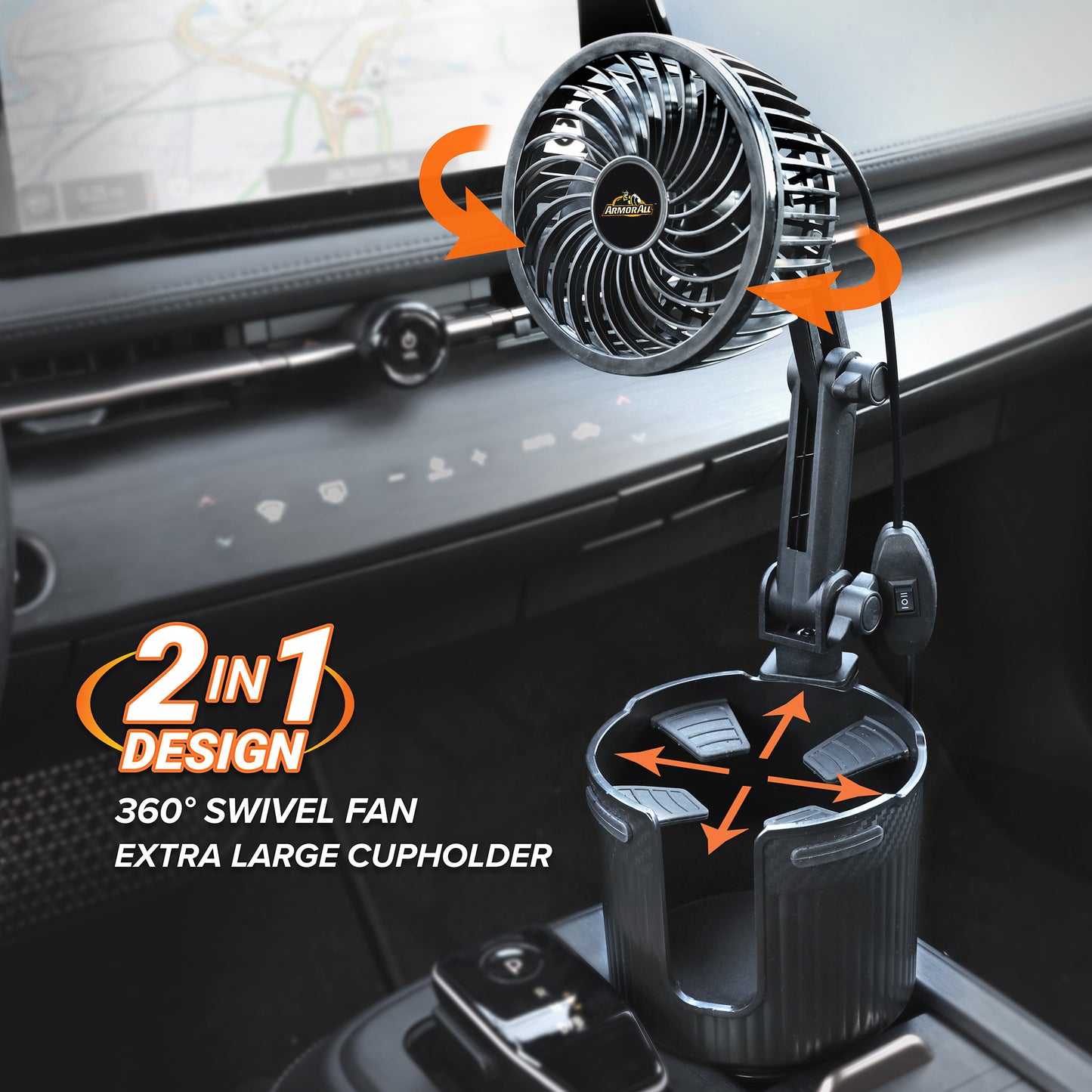 2-in-1 XL Car Fan Cupholder and Mini 2-Speed Cooling Fan, USB A Powered