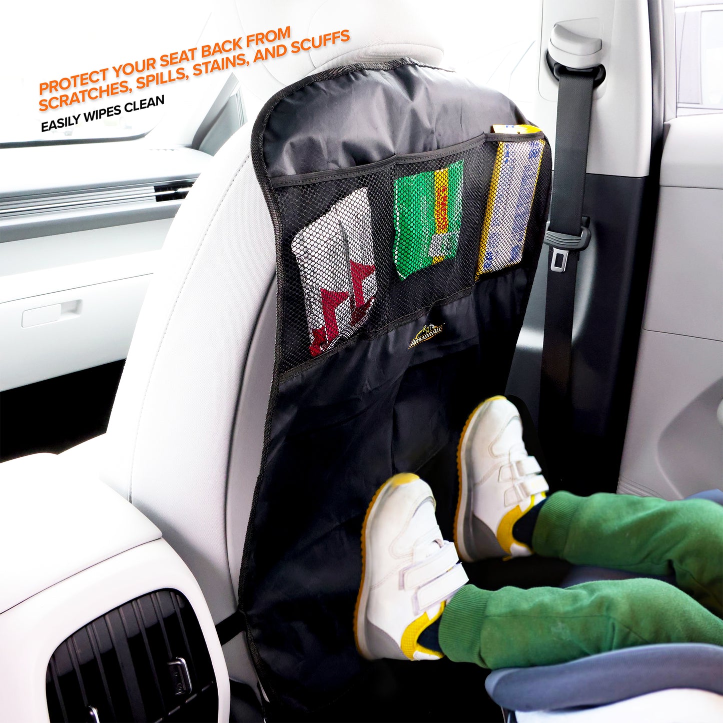 Car Backseat Kick Mat with Storage, Backseat Kick Protector for Kids with 3 Mesh Pockets, Protects from Kicks, Scratches, Scuffs