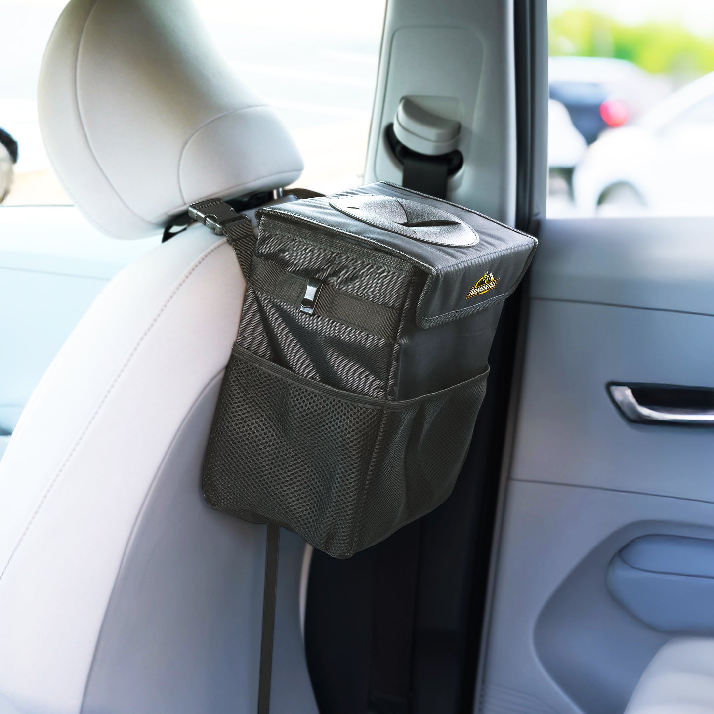 Car Trash Can & Organizer, 2.63 Gallon Waterproof Covered Garbage Bin