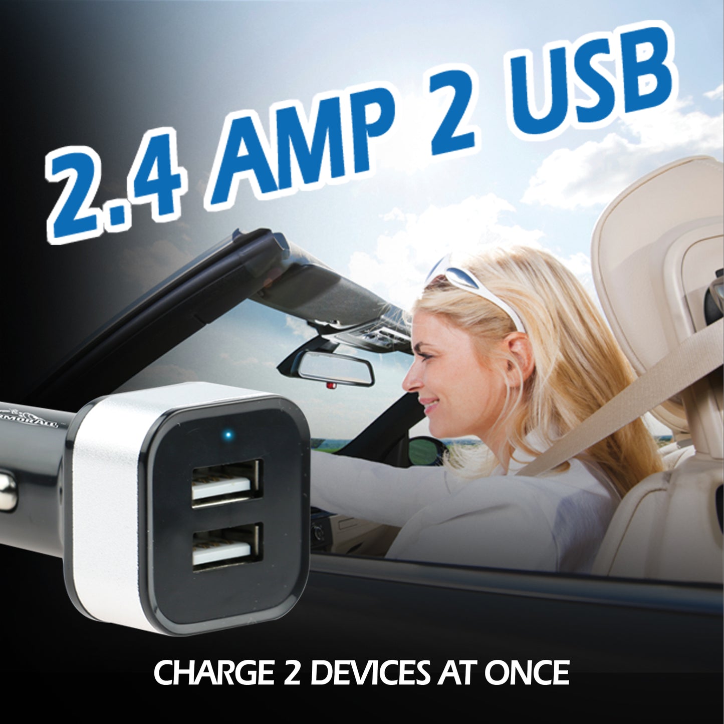 2-Port Car Charger, Powers Up Two Devices Simultaneously