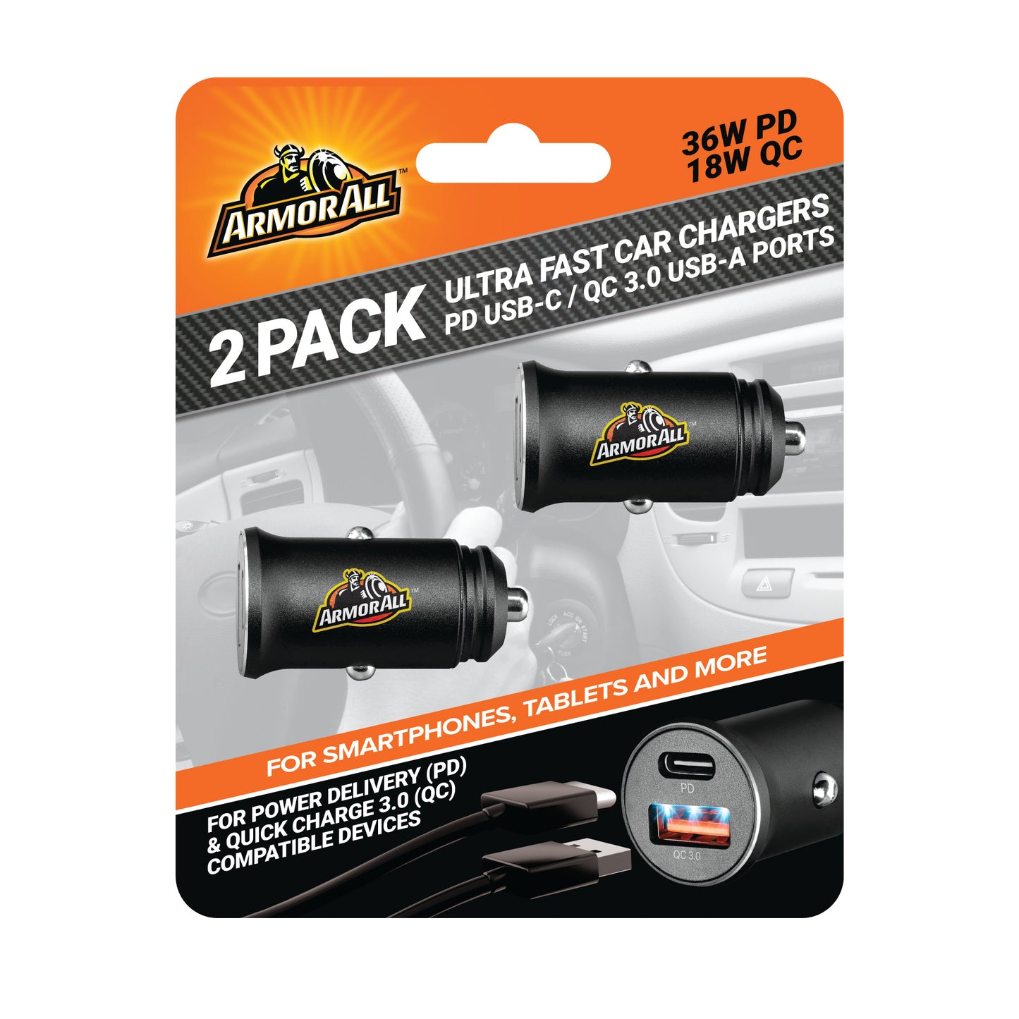 2 Pack Ultra-Fast 54W PD 18W QC Car Charger, Type C and USB A
