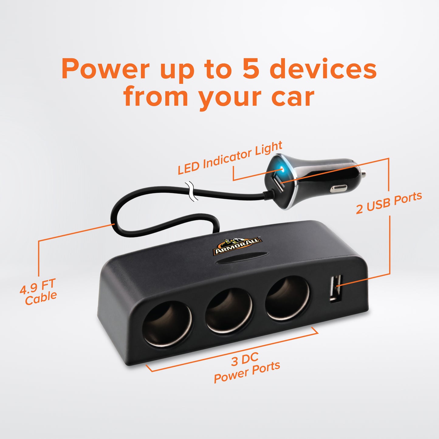 DC Power Station, Charge Up To 5 Devices, 3 12V Ports/Two USB-A Ports