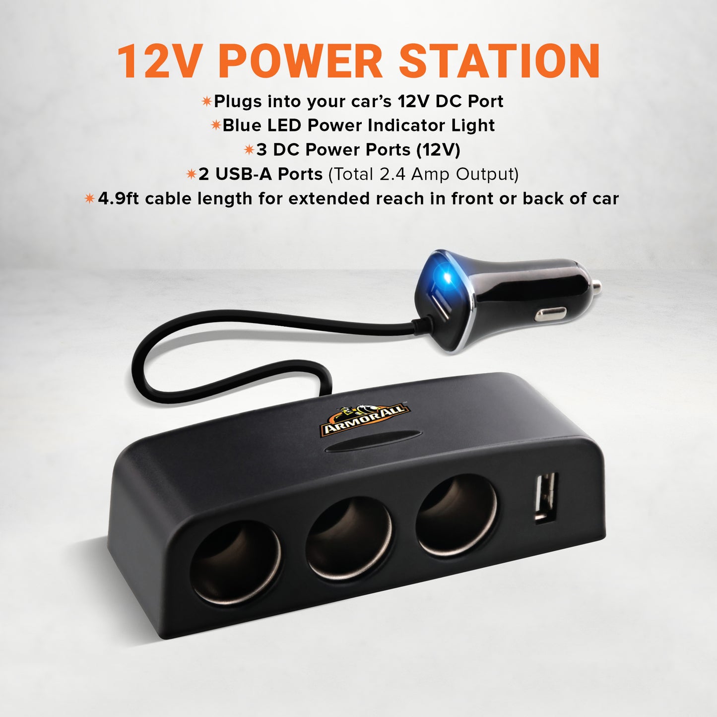 DC Power Station, Charge Up To 5 Devices, 3 12V Ports/Two USB-A Ports