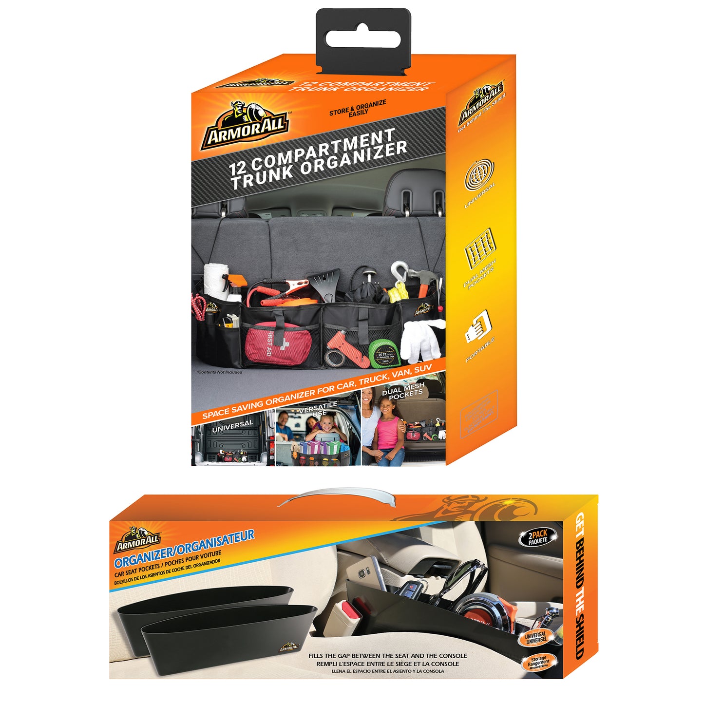 Car Organizer Bundle: 12 Compartment Trunk Organizer + 2-In-1 Seat Organizer