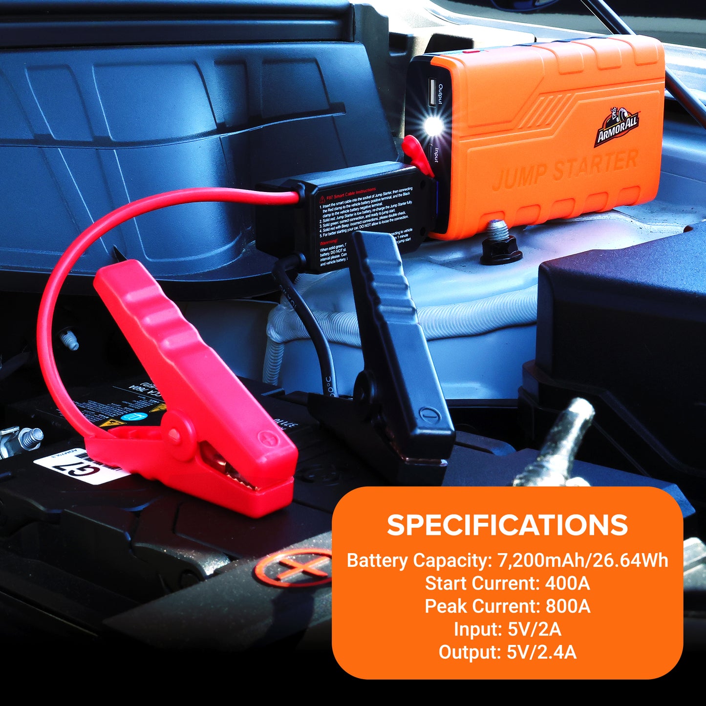 Emergency Jump Starter Power Bank Kit, 800A Peak Amps, Ultra-Bright LED Flashlight