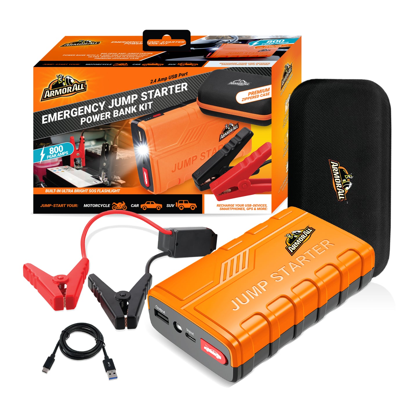 Emergency Jump Starter Power Bank Kit, 800A Peak Amps, Ultra-Bright LED Flashlight