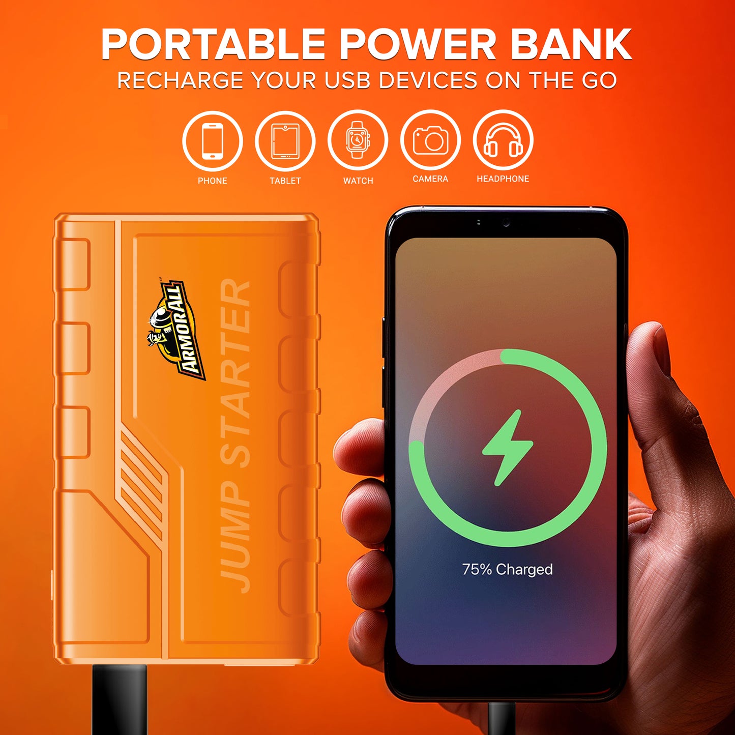 Emergency Jump Starter Power Bank Kit, 800A Peak Amps, Ultra-Bright LED Flashlight