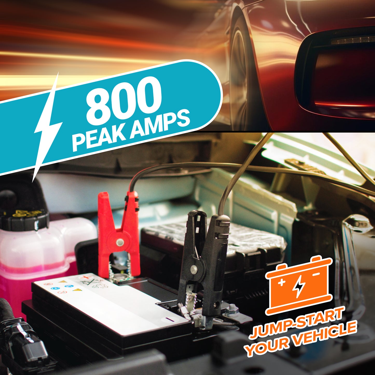 Emergency Jump Starter Power Bank Kit, 800A Peak Amps, Ultra-Bright LED Flashlight