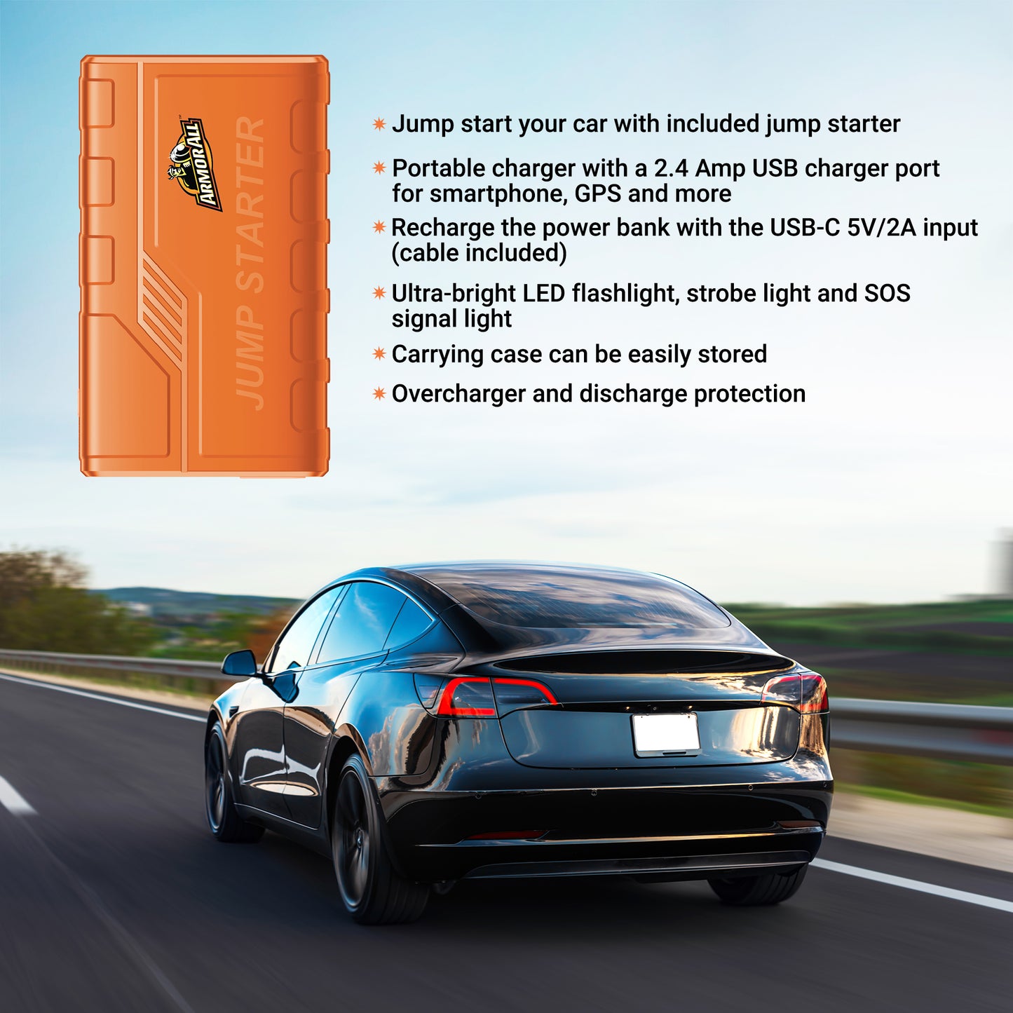 Emergency Jump Starter Power Bank Kit, 800A Peak Amps, Ultra-Bright LED Flashlight