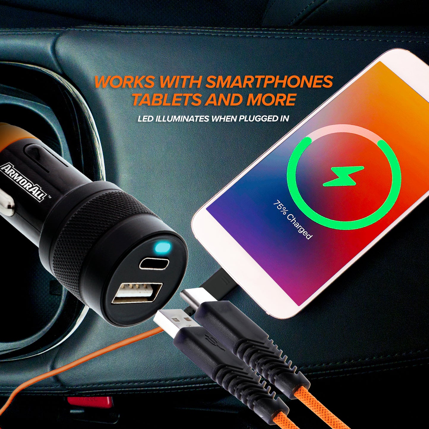 Car 6ft Lightning Charging Cable and 3.1 AMP Type-C and USB A Car Charger Port Bundle