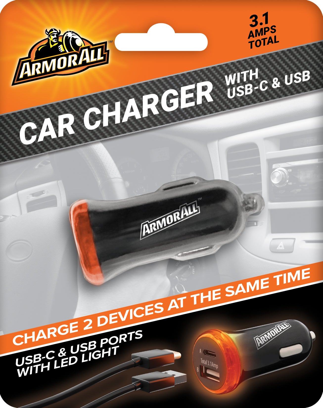 2-Port Type-C and USB-A Car Charger, 3.1 Amp, LED Light