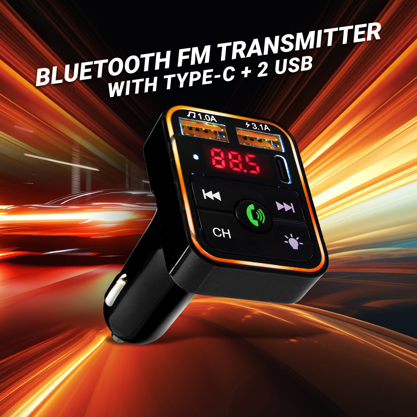 Bluetooth FM Transmitter and Car Charger, 3.4Amp Type-C and Dual USBA Ports