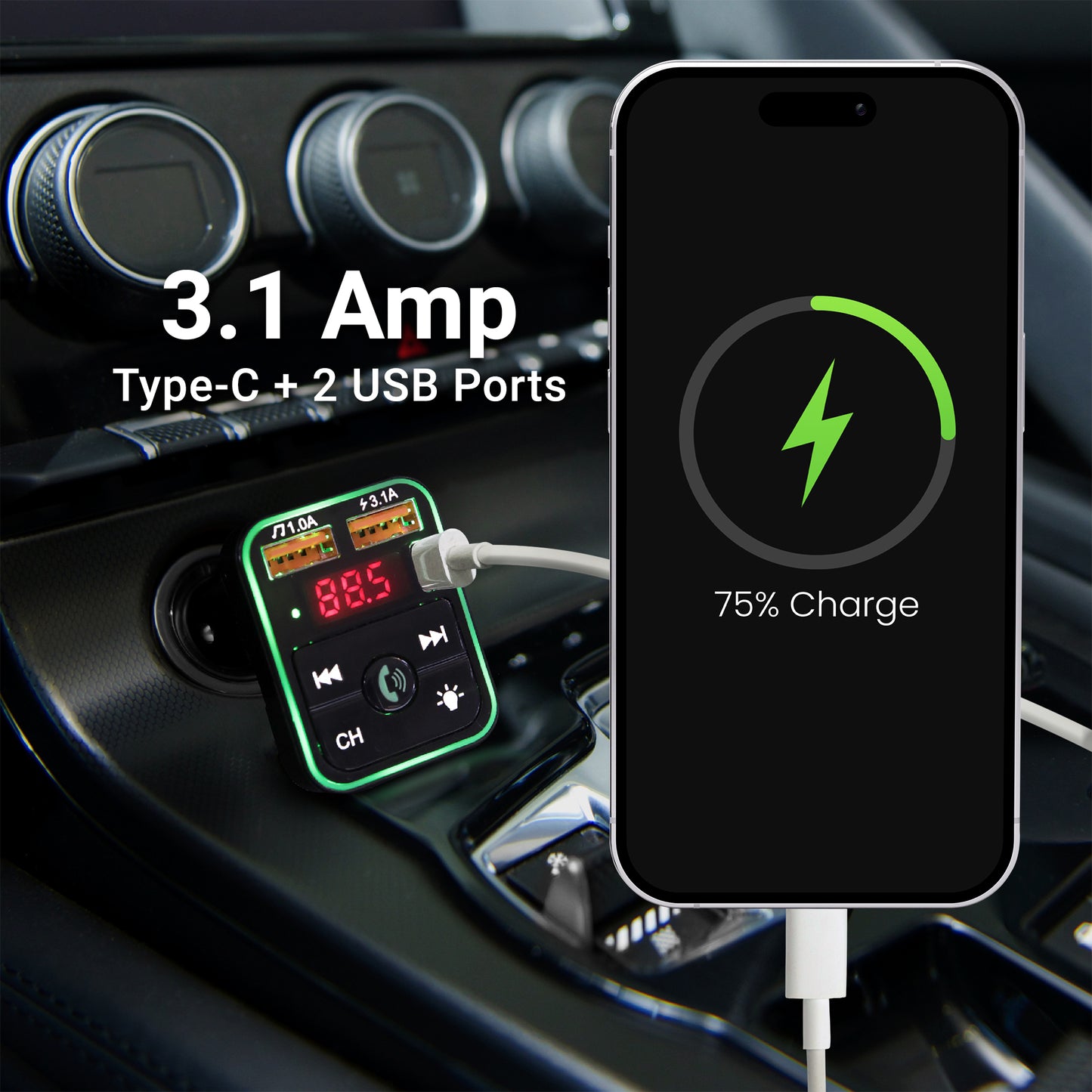 Bluetooth FM Transmitter and Car Charger, 3.4Amp Type-C and Dual USBA Ports