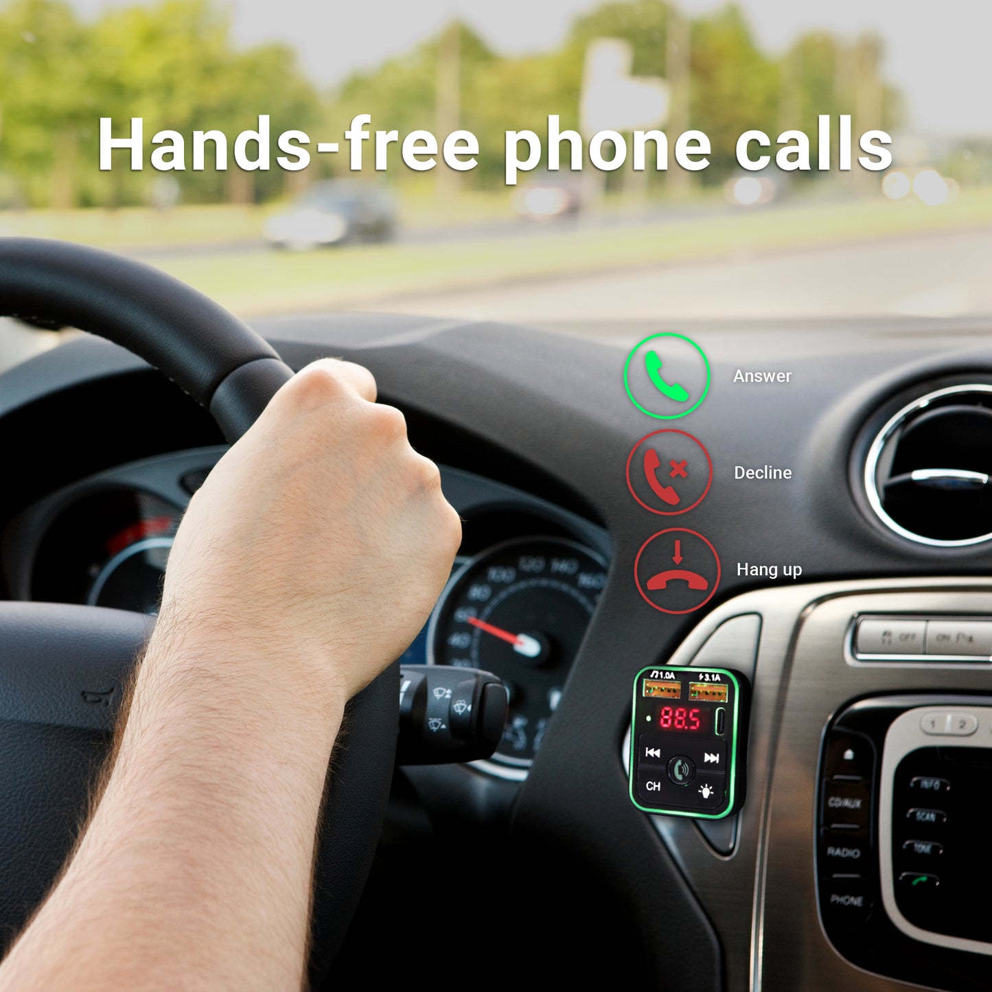 Bluetooth FM Transmitter and Car Charger, 3.4Amp Type-C and Dual USBA Ports
