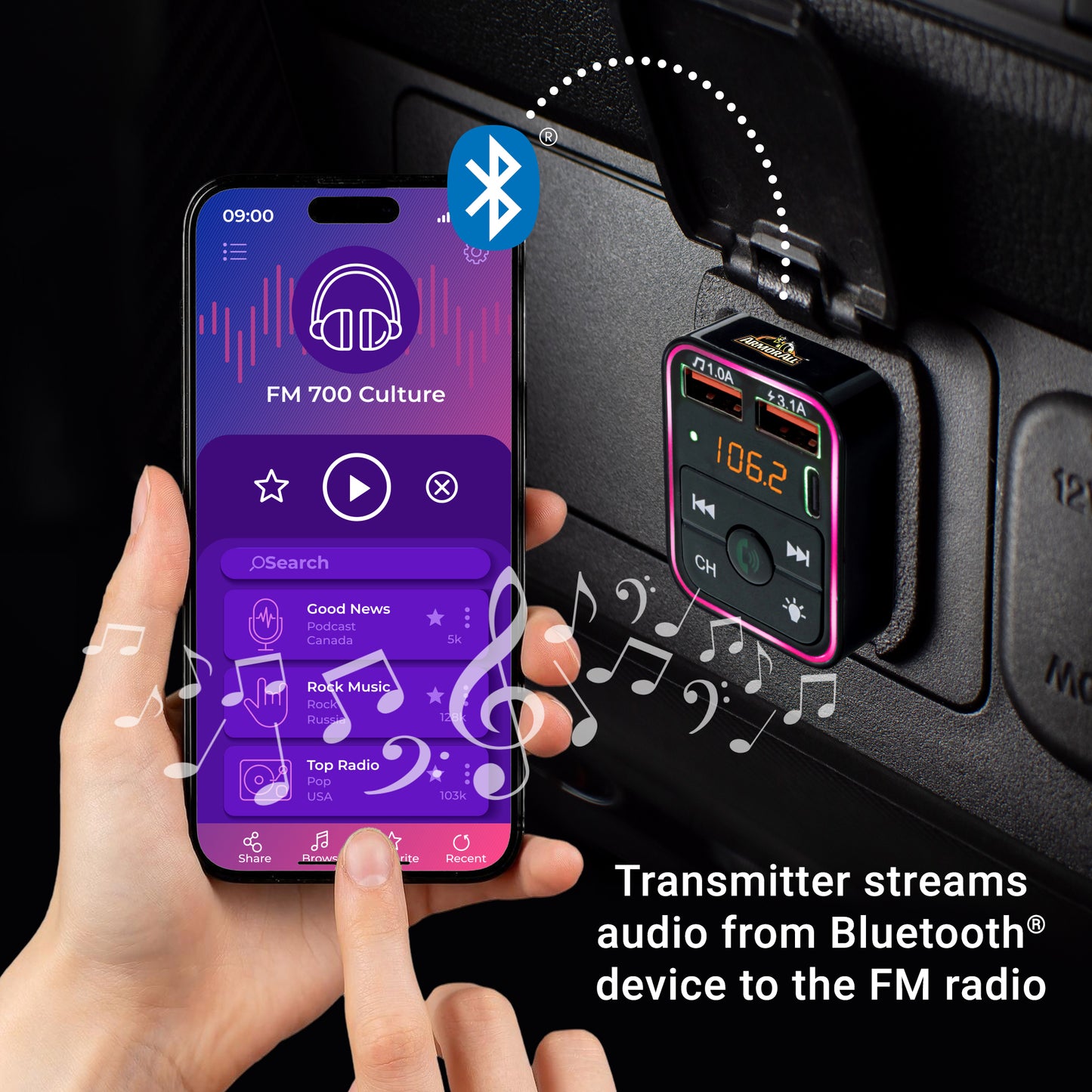 Bluetooth FM Transmitter and Car Charger, 3.4Amp Type-C and Dual USBA Ports