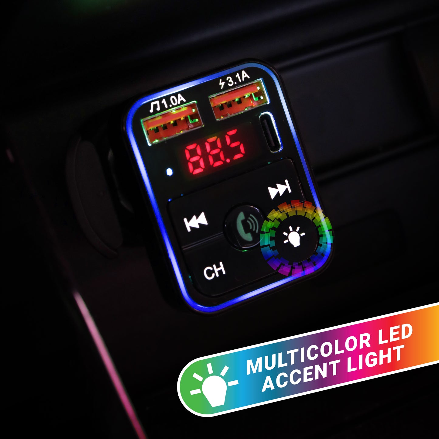 Bluetooth FM Transmitter and Car Charger, 3.4Amp Type-C and Dual USBA Ports
