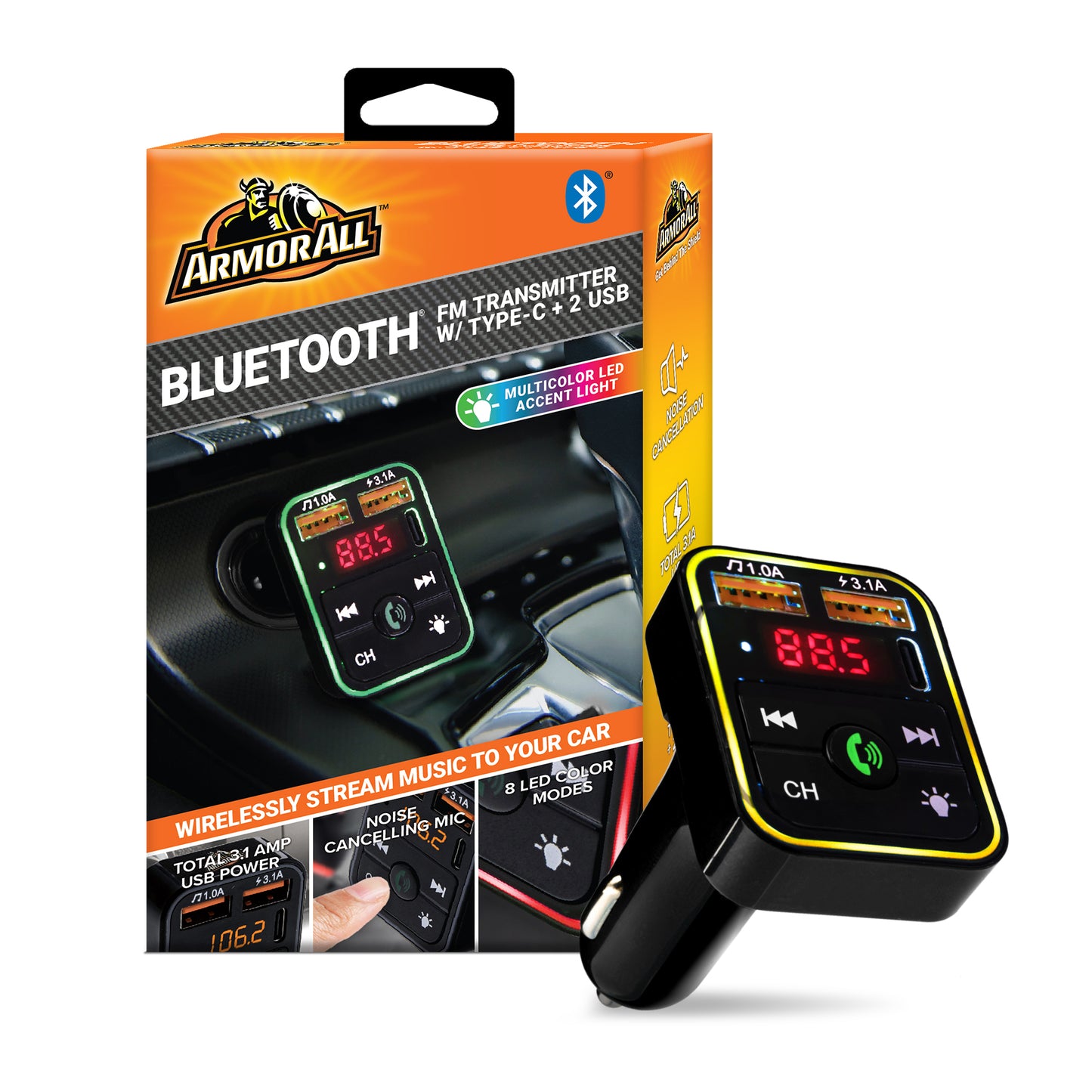 Bluetooth FM Transmitter and Car Charger, 3.4Amp Type-C and Dual USBA Ports