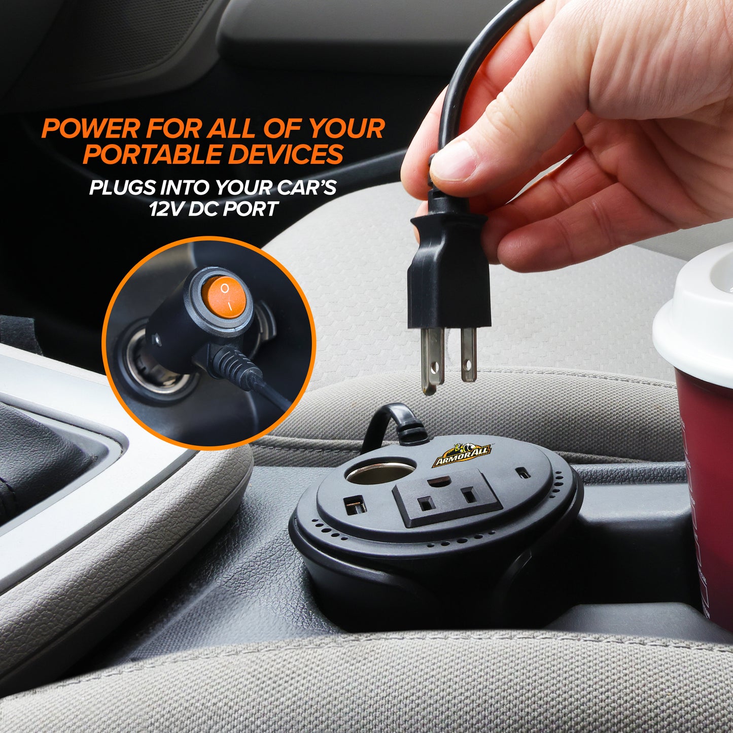 150W Cup Holder Multi-Device Power Inverter, 4 Ports in 1