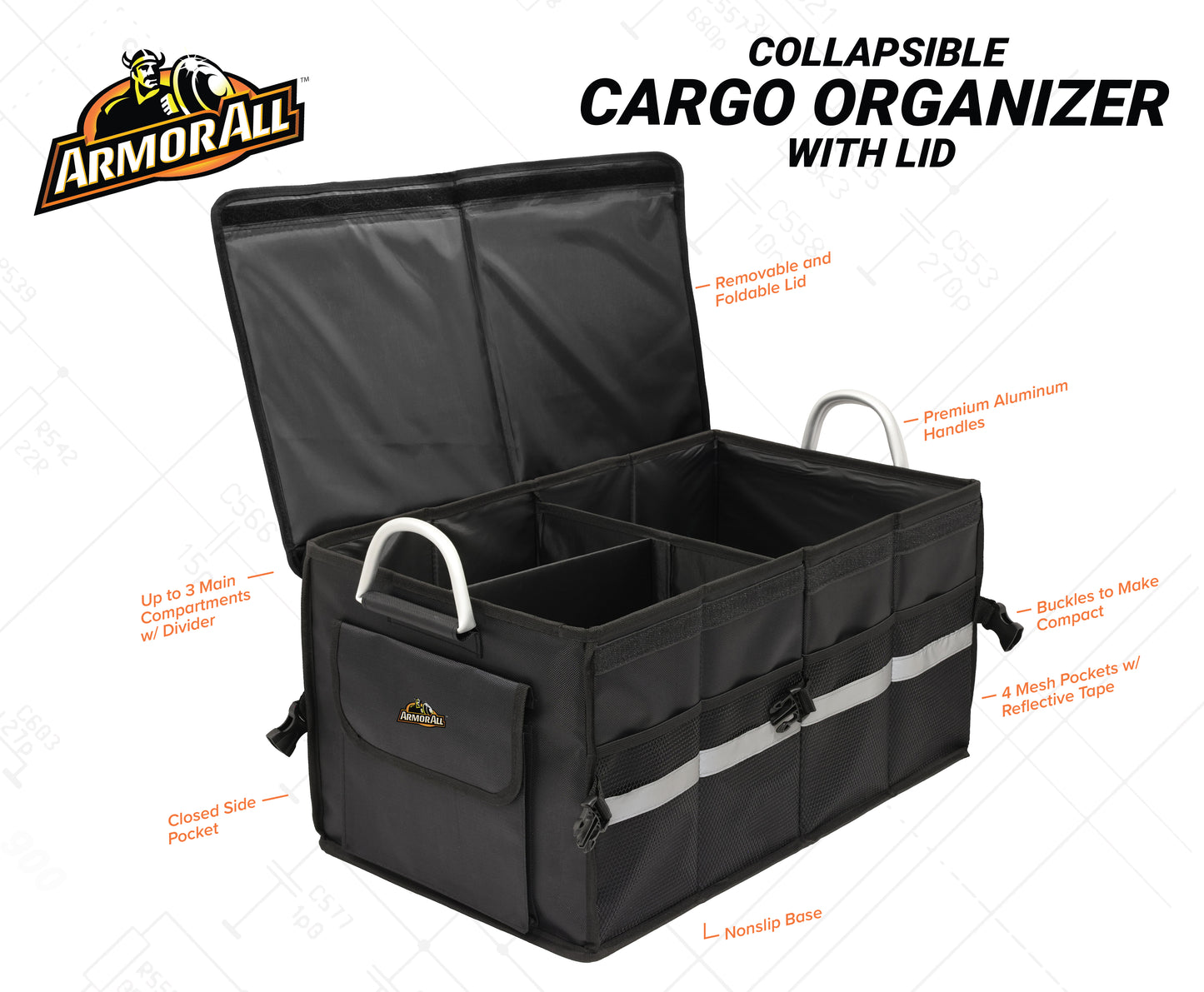 Heavy Duty Collapsible Aluminum Handle Trunk Organizer, Car Trunk Cargo Storage, 3 Compartments, Non-Slip Base