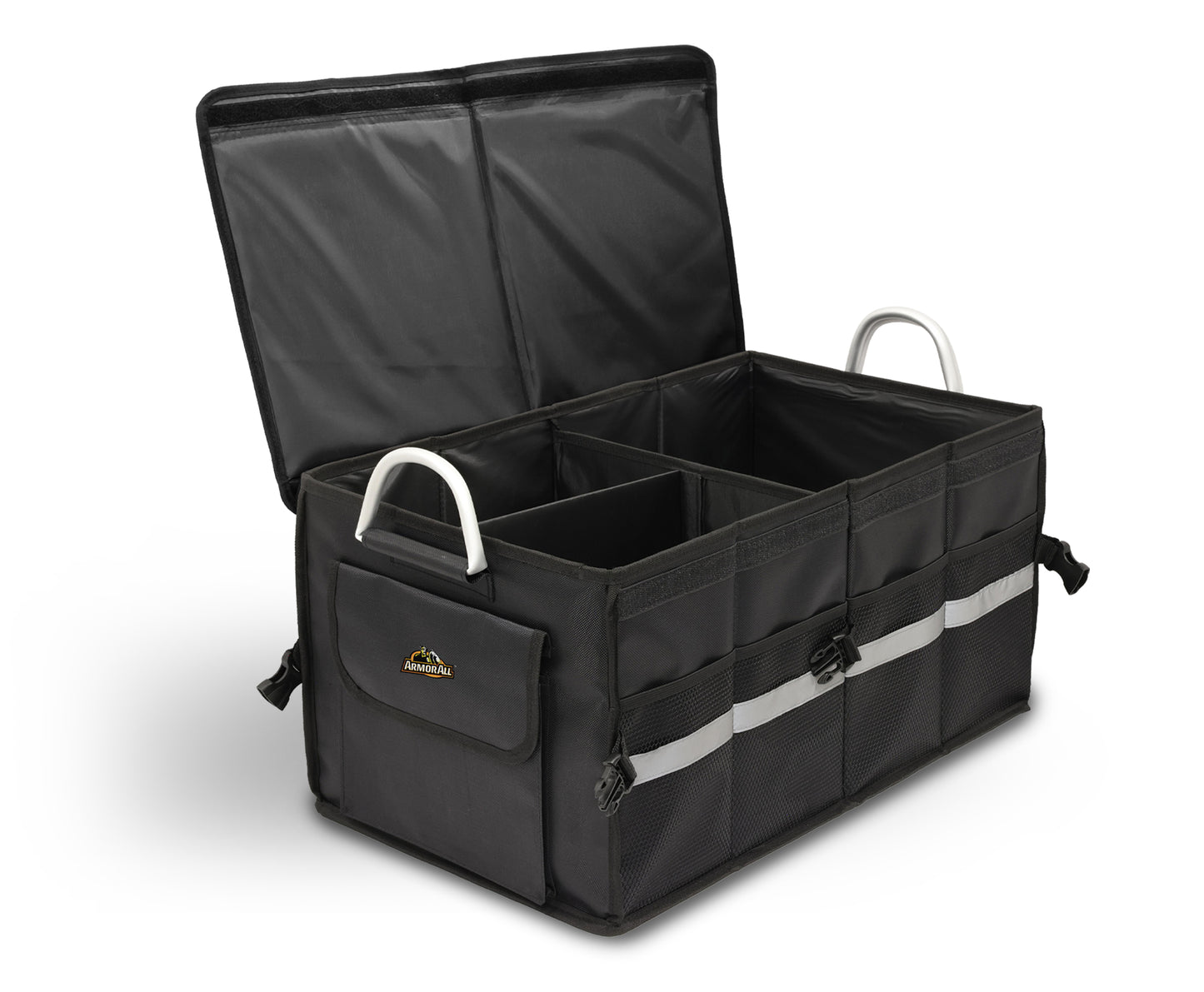Heavy Duty Collapsible Aluminum Handle Trunk Organizer, Car Trunk Cargo Storage, 3 Compartments, Non-Slip Base