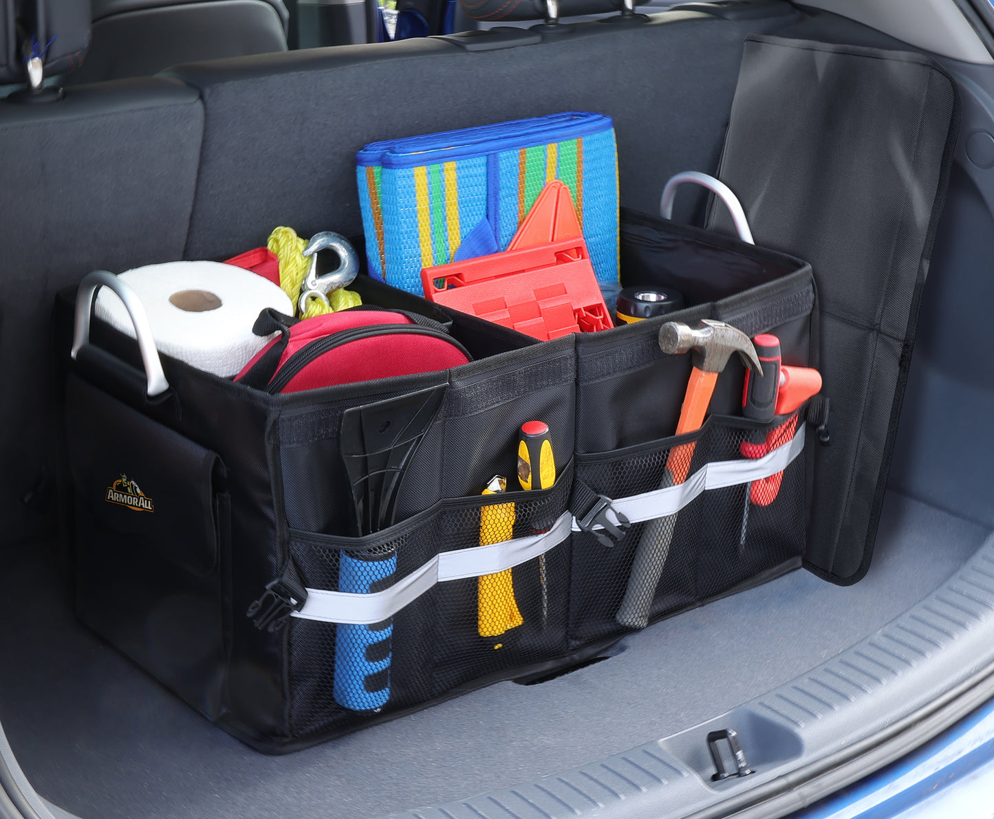 Heavy Duty Collapsible Aluminum Handle Trunk Organizer, Car Trunk Cargo Storage, 3 Compartments, Non-Slip Base