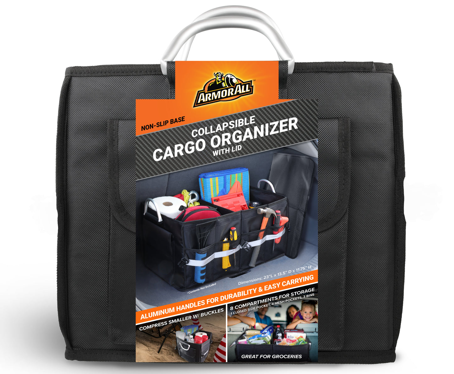 Heavy Duty Collapsible Aluminum Handle Trunk Organizer, Car Trunk Cargo Storage, 3 Compartments, Non-Slip Base