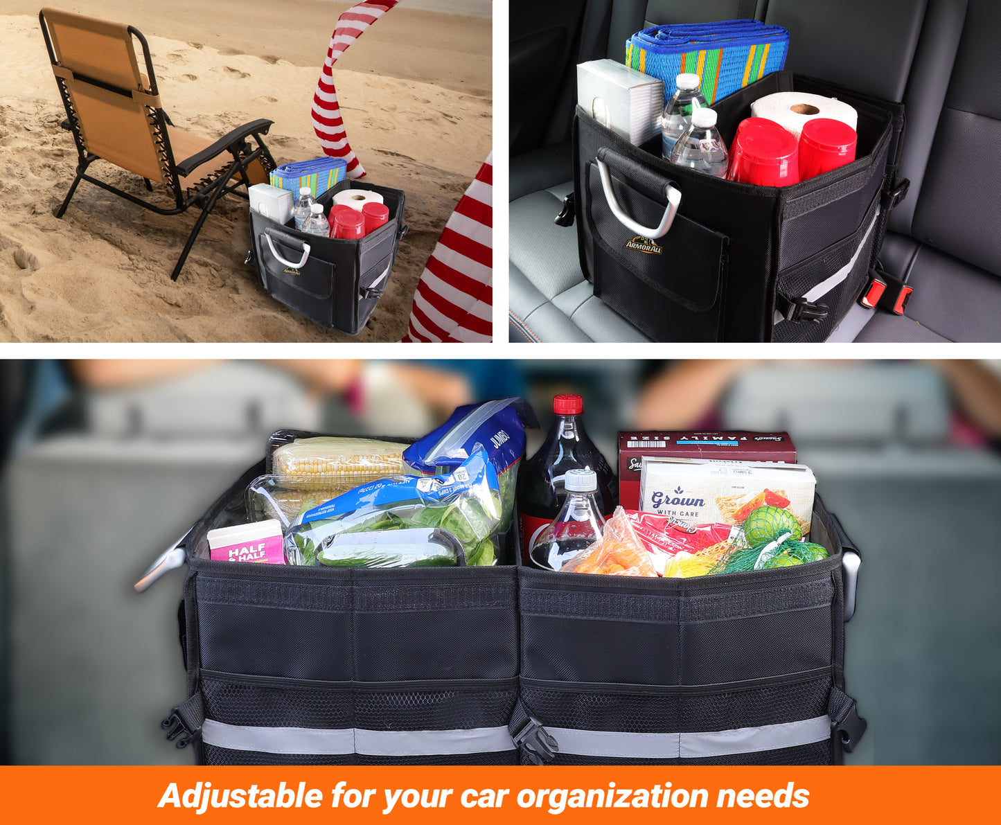 Heavy Duty Collapsible Aluminum Handle Trunk Organizer, Car Trunk Cargo Storage, 3 Compartments, Non-Slip Base