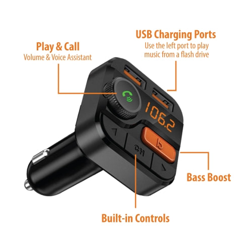 Wireless Bluetooth FM Transmitter with Dual Port USB Charging, Voice Controls, Hands-Free Calling and Music Streaming