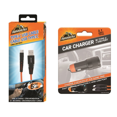 Car Charger Bundle, 6ft Type C Charge Cable and 3.1 AMP 2 Port USB and Type-C Adapter