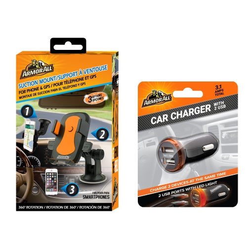 Car Suction Phone Mount and 2 USB Port Charger Bundle