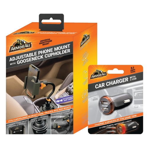 Car Cupholder Phone Mount Adjustable Gooseneck and Car Charger with 2 USB Ports Bundle