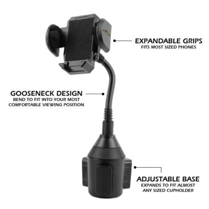 Car Cupholder Phone Mount Adjustable Gooseneck and Car Charger with 2 USB Ports Bundle