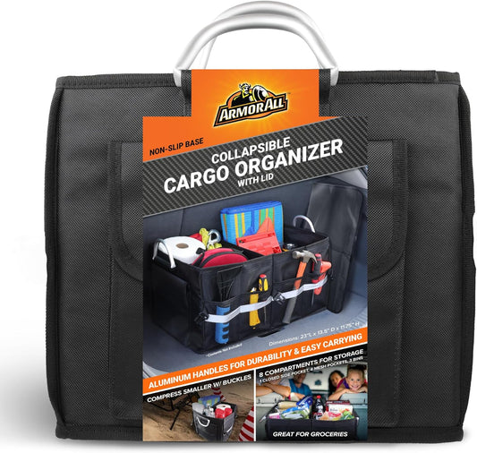 Heavy Duty Collapsible Aluminum Handle Trunk Organizer, Car Trunk Cargo Storage, 3 Compartments, Non-Slip Base
