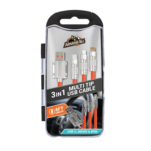 6FT Rugged 3-in-1 USBA Cable, Micro-USB, USB-C, & 8PIN, Mobile Device Charging