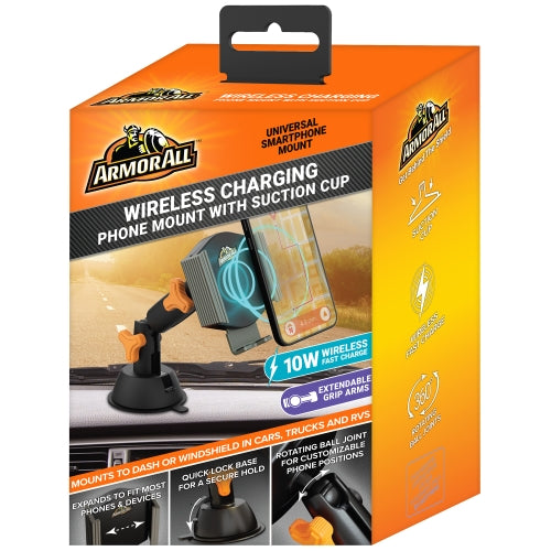 10W Wireless Charging Black Phone Mount With Suction Cup