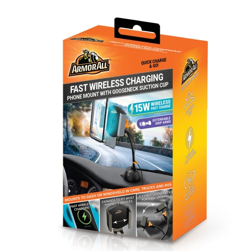 15W Fast Wireless Gooseneck Charging Suction Phone Mount, Turns 360 Degrees
