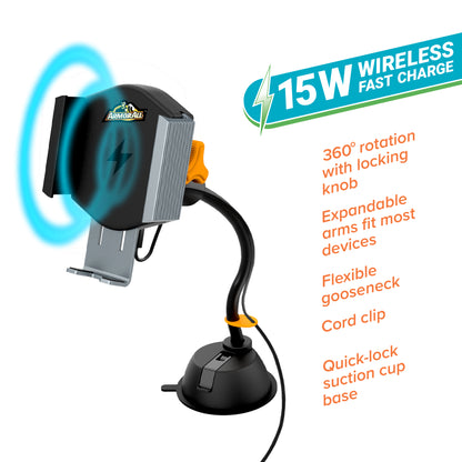15W Fast Wireless Gooseneck Charging Suction Phone Mount, Turns 360 Degrees