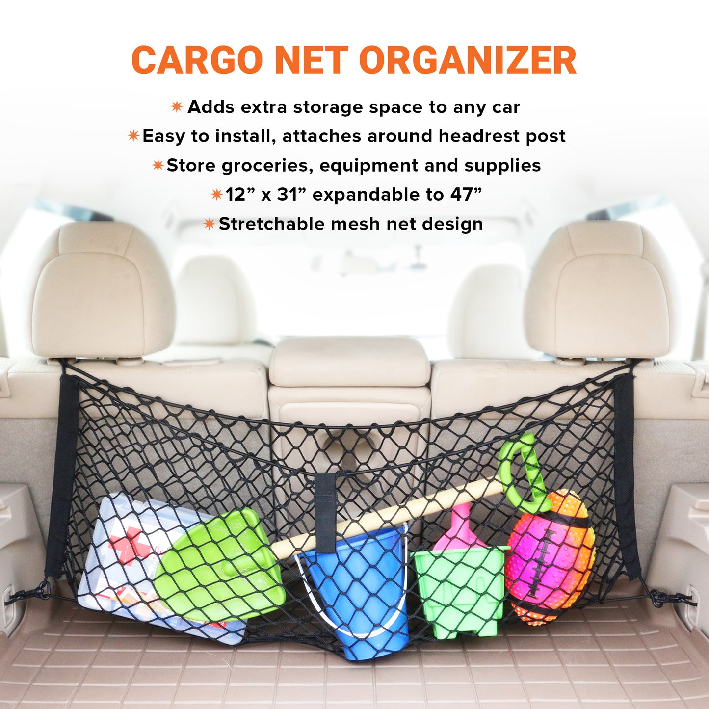 Cargo Net Organizer, 12” x 31” Inch Expandable up to 47” Inches, Super-Durable Nylon Material