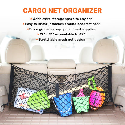 Cargo Net Organizer, 12” x 31” Inch Expandable up to 47” Inches, Super-Durable Nylon Material