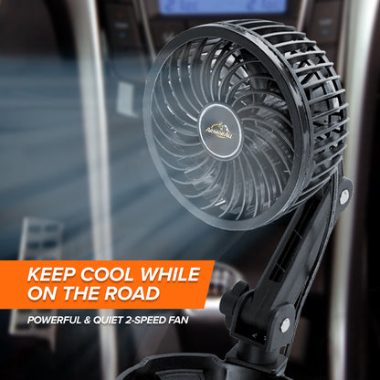 2-in-1 XL Car Fan Cupholder and Mini 2-Speed Cooling Fan, USB A Powered