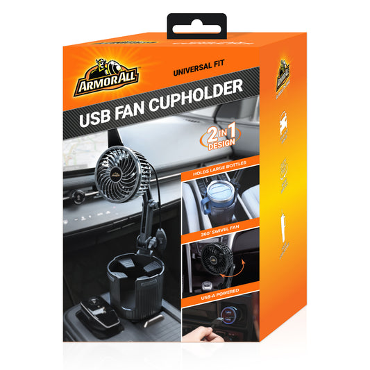 2-in-1 XL Car Fan Cupholder and Mini 2-Speed Cooling Fan, USB A Powered