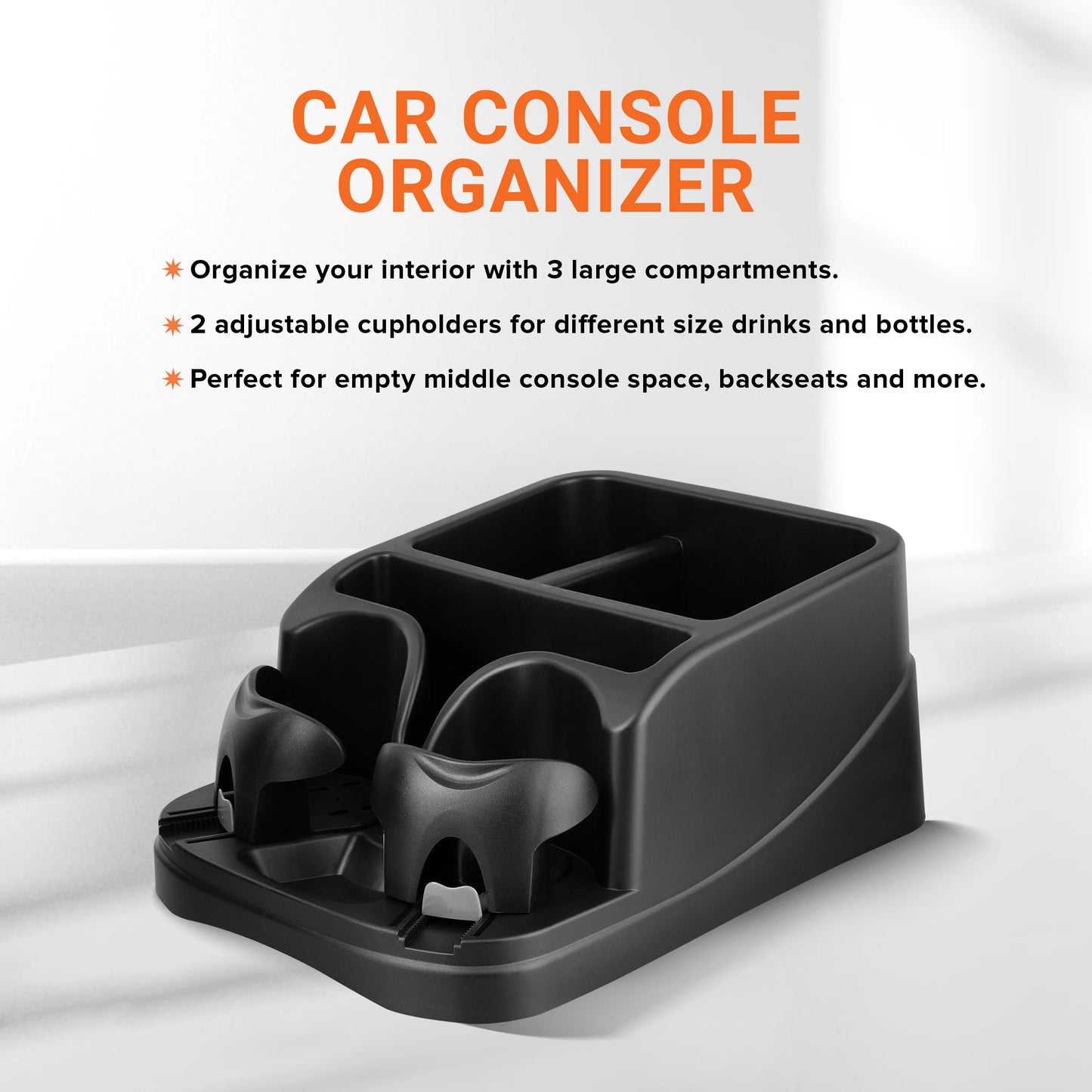 Car Console Organizer, Car Seat Organizer with 2 Adjustable Cup Holders, 3 Large Storage Compartments