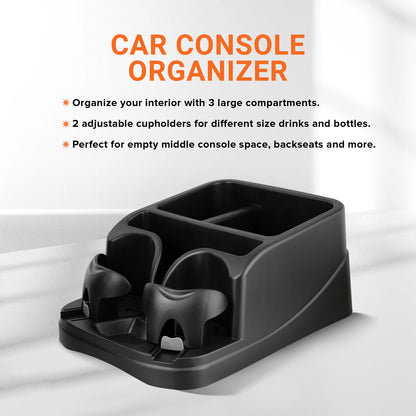 Car Console Organizer, Car Seat Organizer with 2 Adjustable Cup Holders, 3 Large Storage Compartments