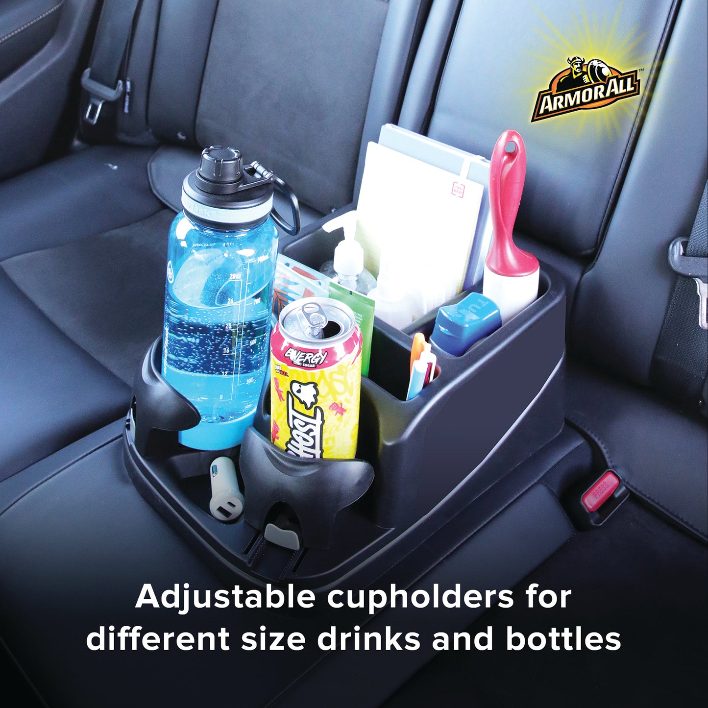Car Console Organizer, Car Seat Organizer with 2 Adjustable Cup Holders, 3 Large Storage Compartments